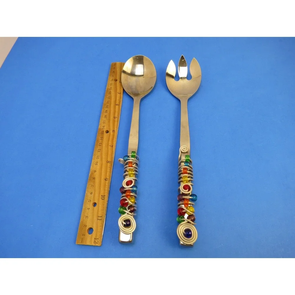 Adcraft Boho Artsy Salad Spoon and Fork Set Beaded Metal Wire Wrapped